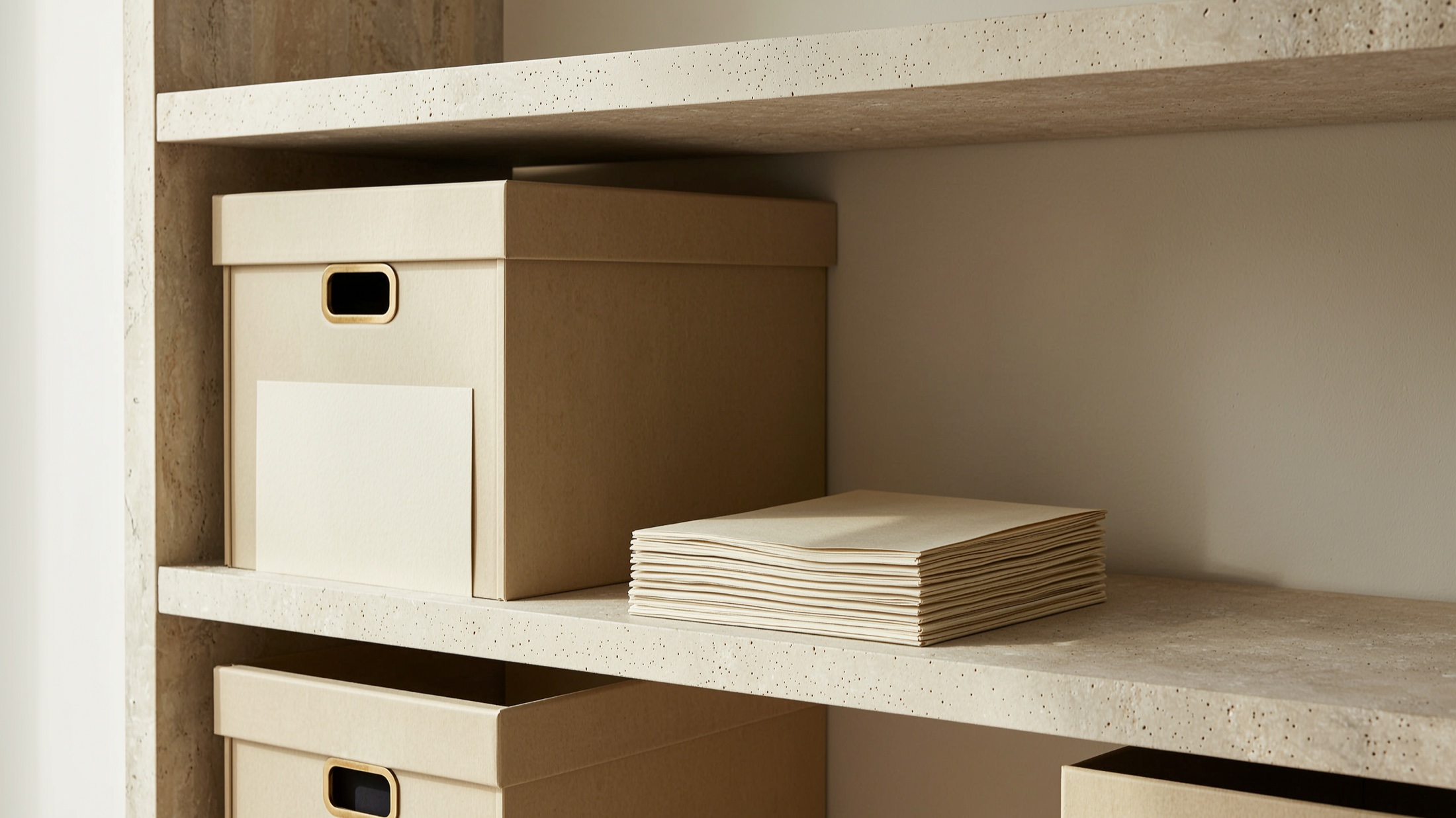 Minimal archive boxes and stacked papers on a quiet shelf.