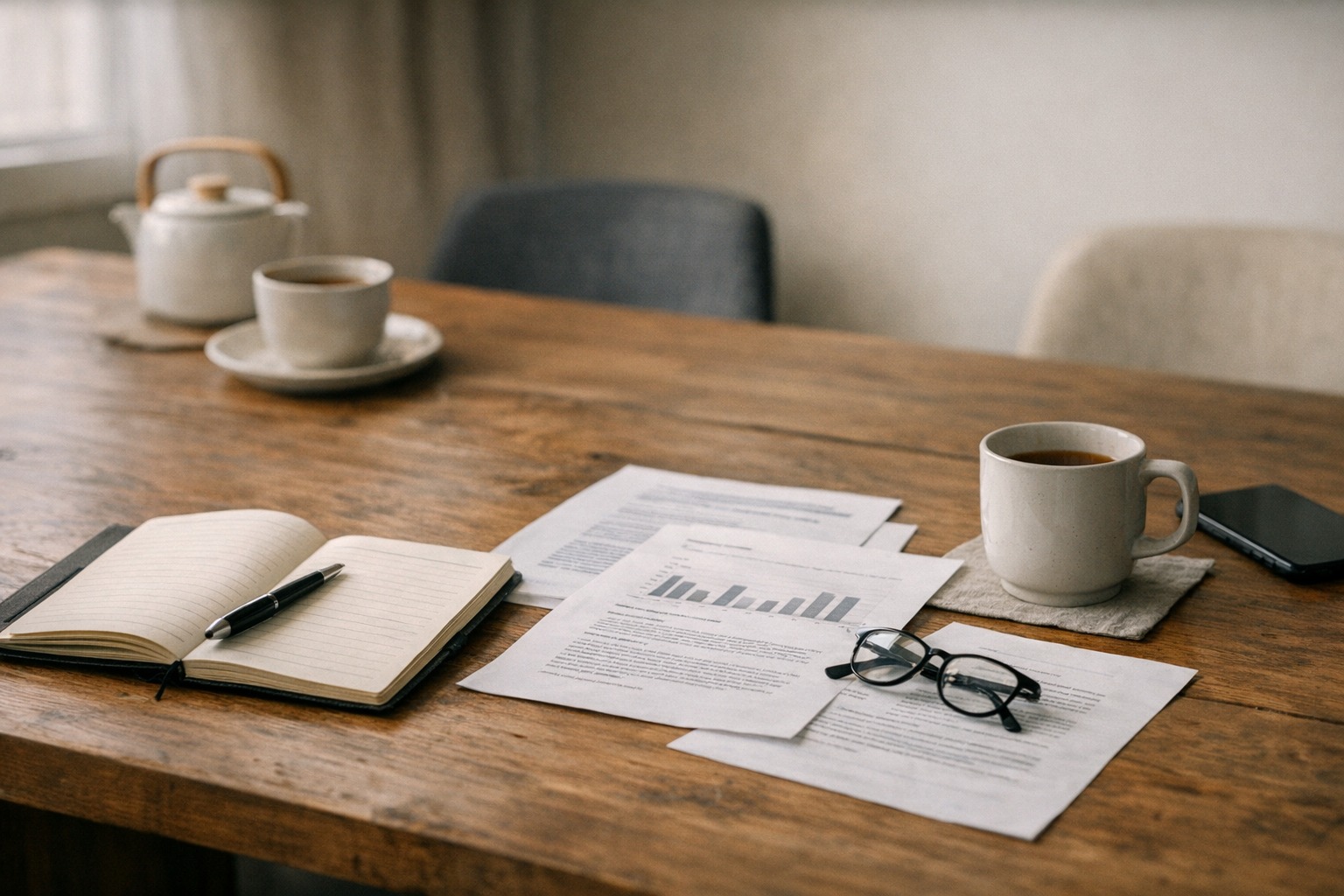 A conversation table set with a notebook, printed pages, coffee, and glasses before a working discussion.