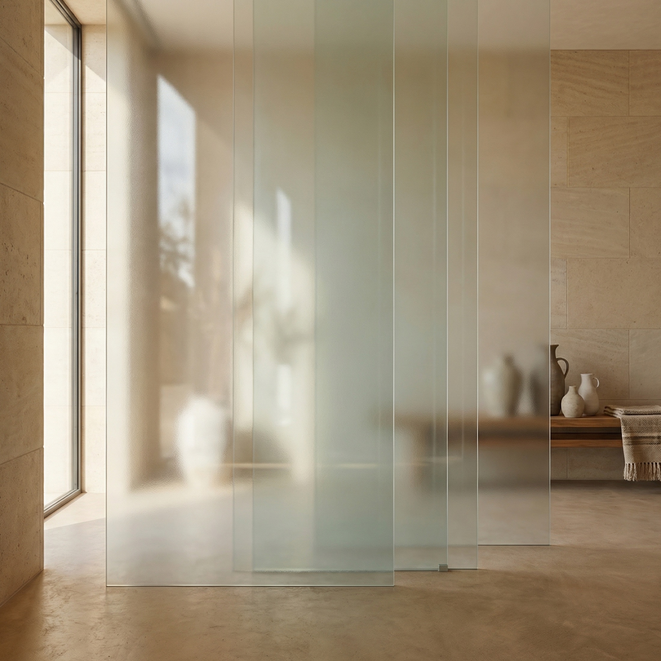Layered frosted glass panels in warm natural light.
