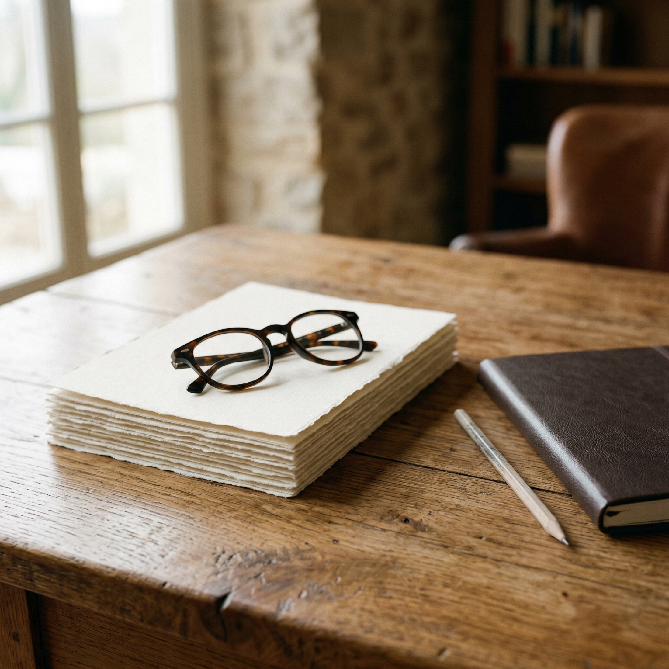 A stack of papers, glasses, and a notebook on a warm wooden surface.