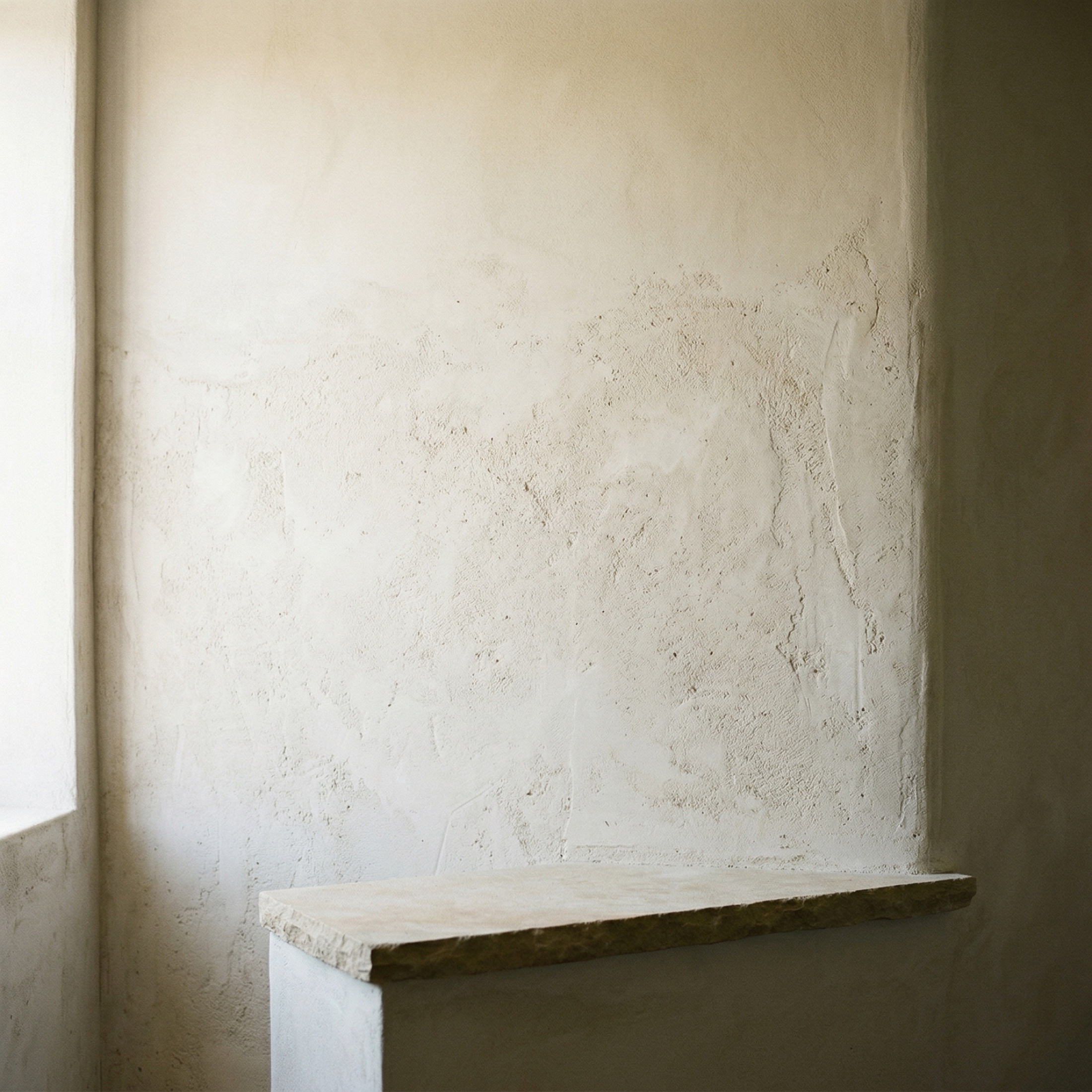 Soft window light moving across a textured plaster wall.