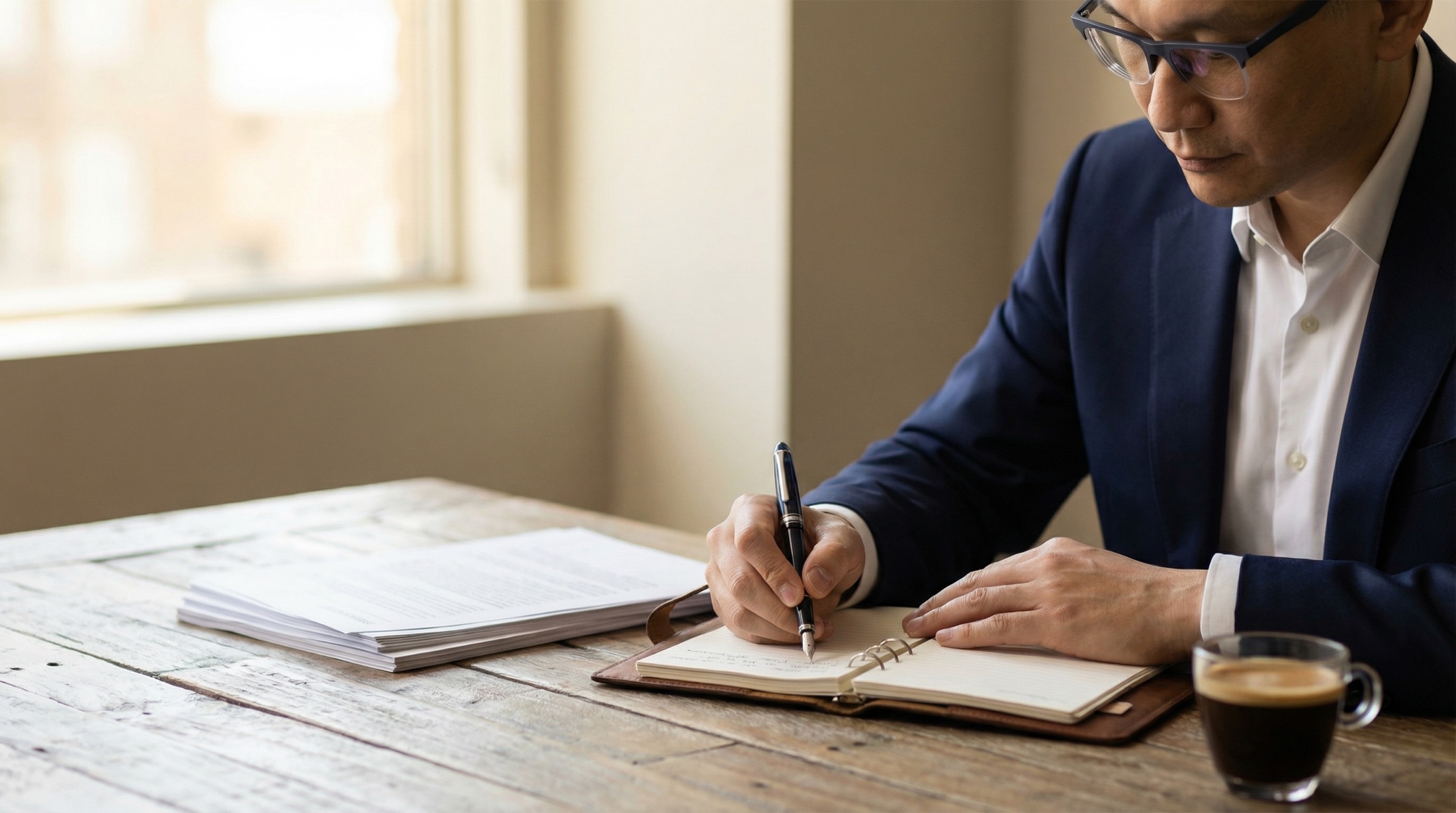 Erwin Choo writing notes at a desk in natural window light.