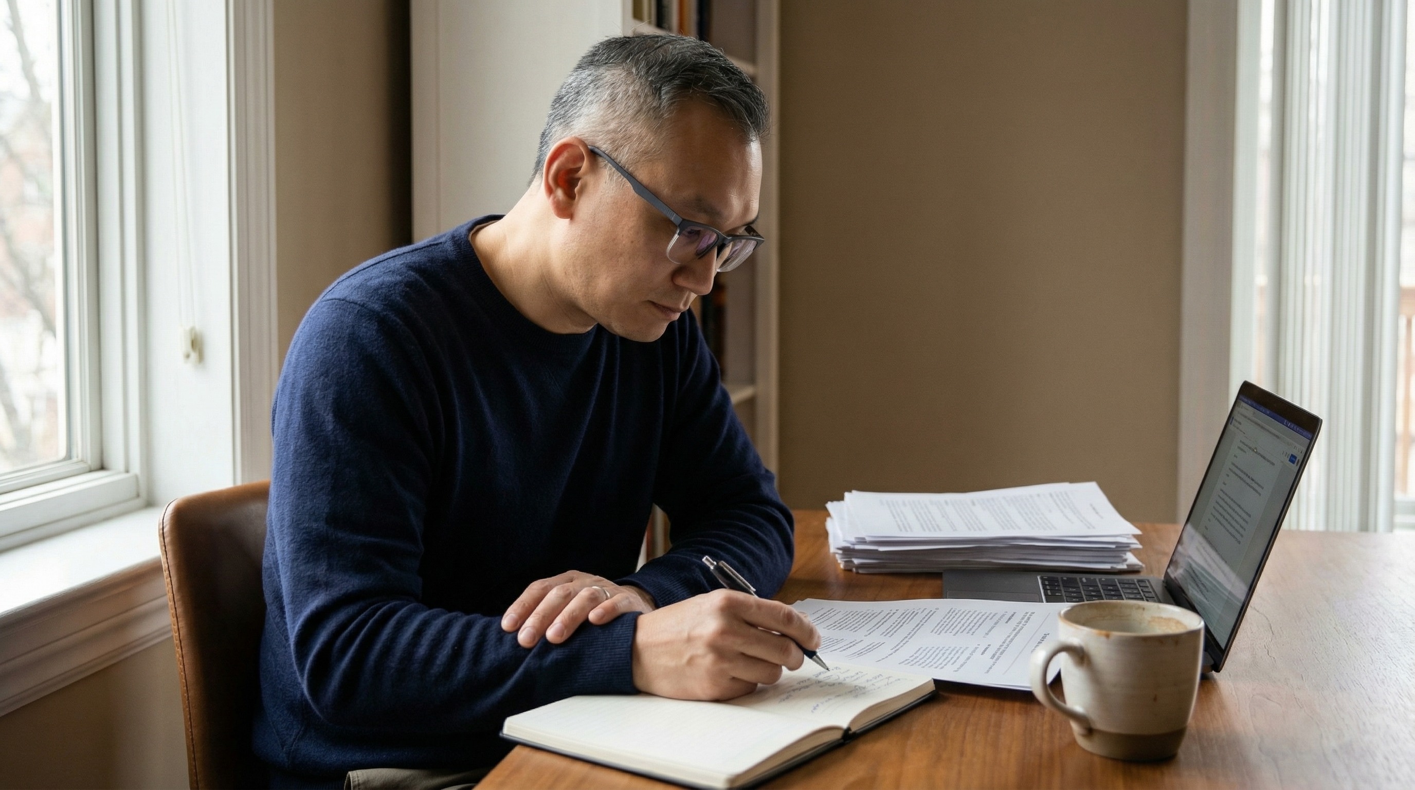 Erwin Choo working at a desk in side profile with notes, papers, and window light.